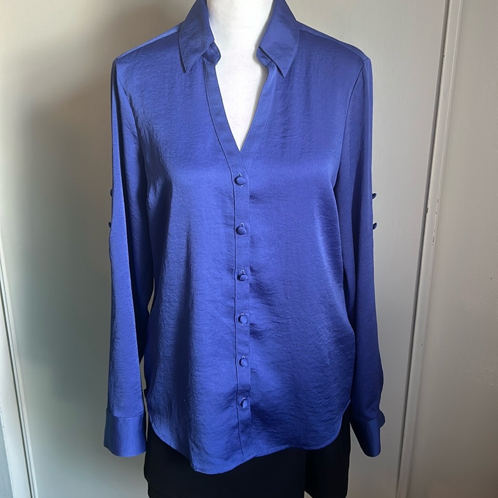 Express Women’s Portofino Slim Fit Long Sleeve Button Up Notch Neck Satin Blouse